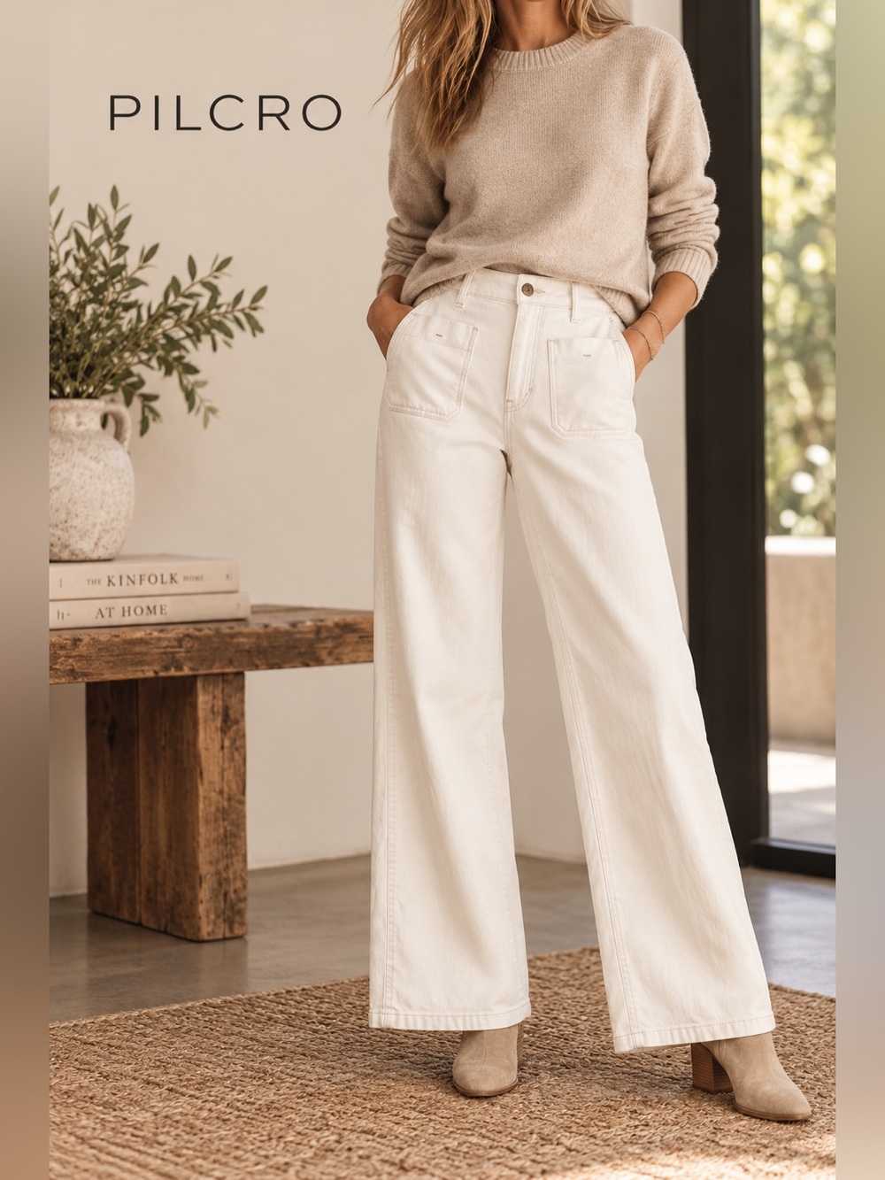 Anthropologie PILCRO Ivory Wide Leg Denim Pants with Patch Pockets. Size 12